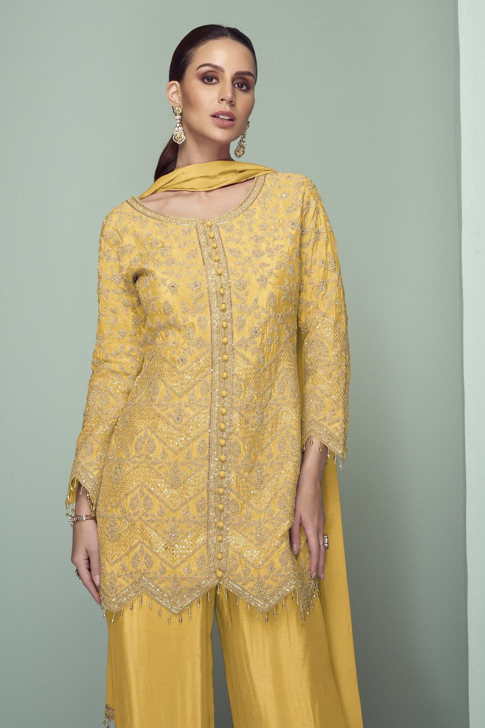 Yellow Chinon Silk Kameez With Pant For Indian & Pakistani Wedding Festival - Thread Embroidery Work, Sequence Embroidery Work - close-up view