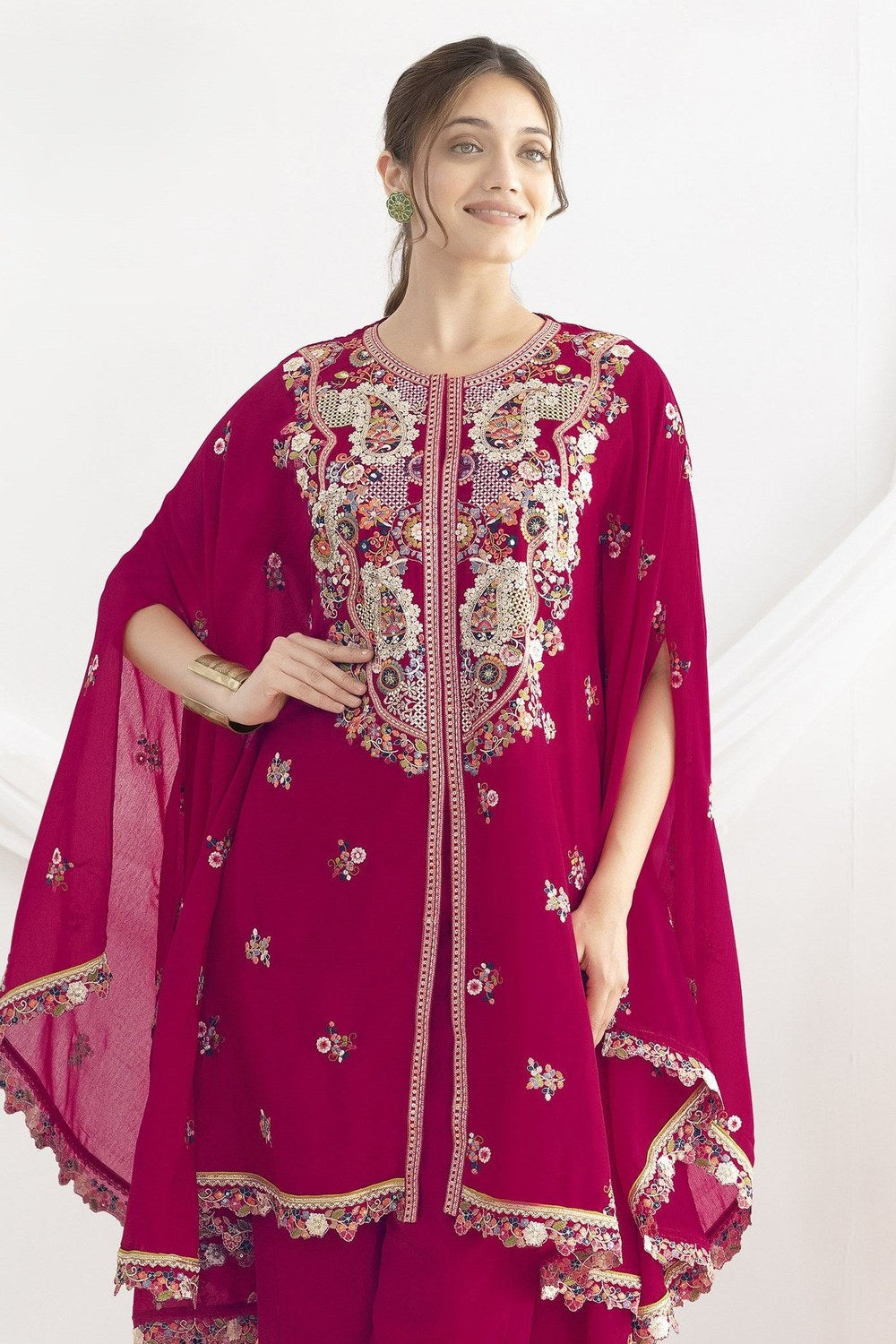 Reddish Pink Chinon Silk Kaftan With Pant For Indian & Pakistani Wedding Festival - Sequins & Thread Embroidery Work - close-up view