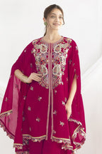 Reddish Pink Chinon Silk Kaftan With Pant For Indian & Pakistani Wedding Festival - Sequins & Thread Embroidery Work - close-up view