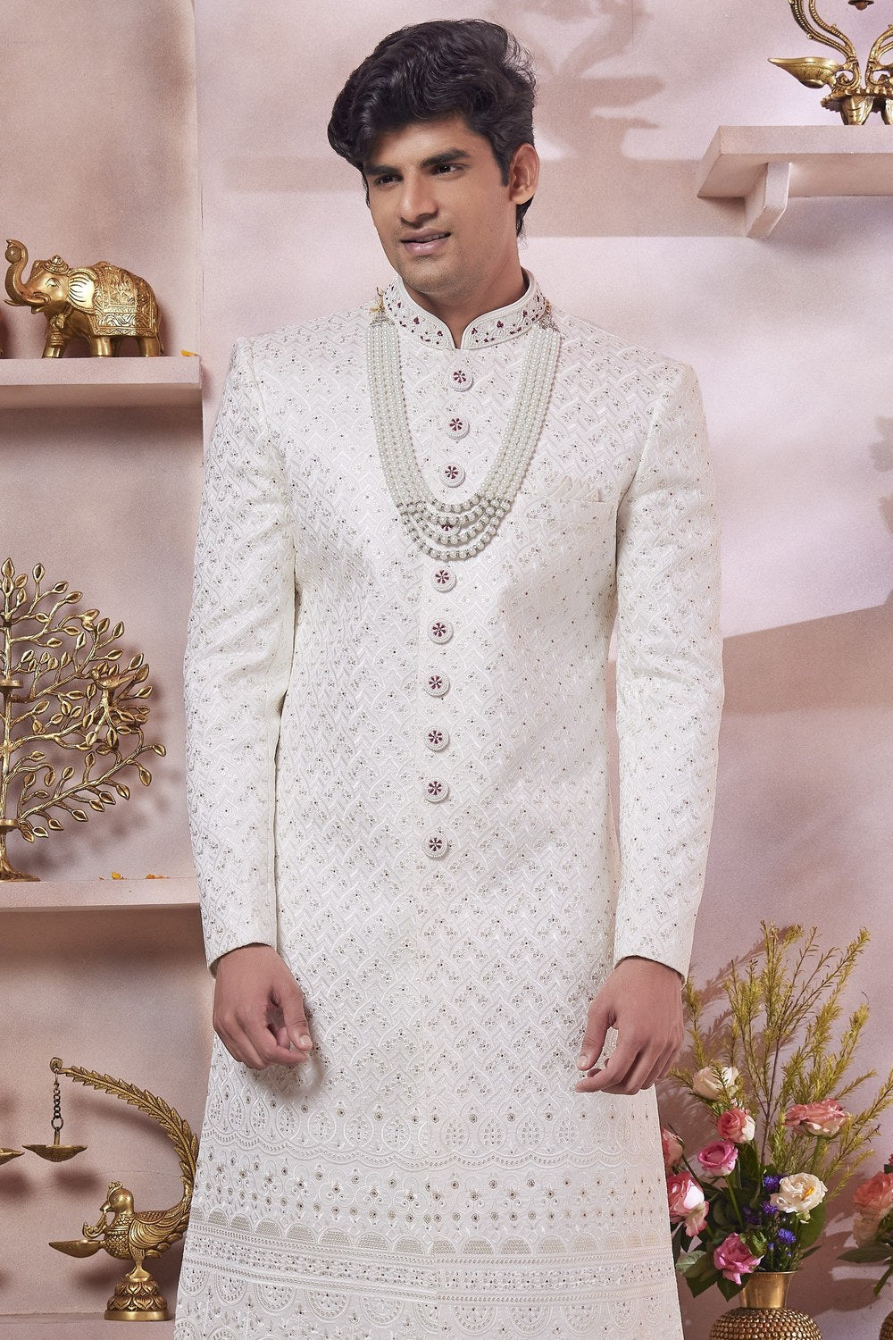 White Art Silk Indo Western Traditional Sherwani Long Kurta & Pant Suit for Men for Wedding - Thread Embroidery Work - close-up view