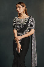 Black Crepe Satin Silk Partywear Saree With Stitched Blouse For Indian & Pakistani Wedding Festival - Sequence Embroidery Work, Thread Embroidery Work, Stone Work - close-up view