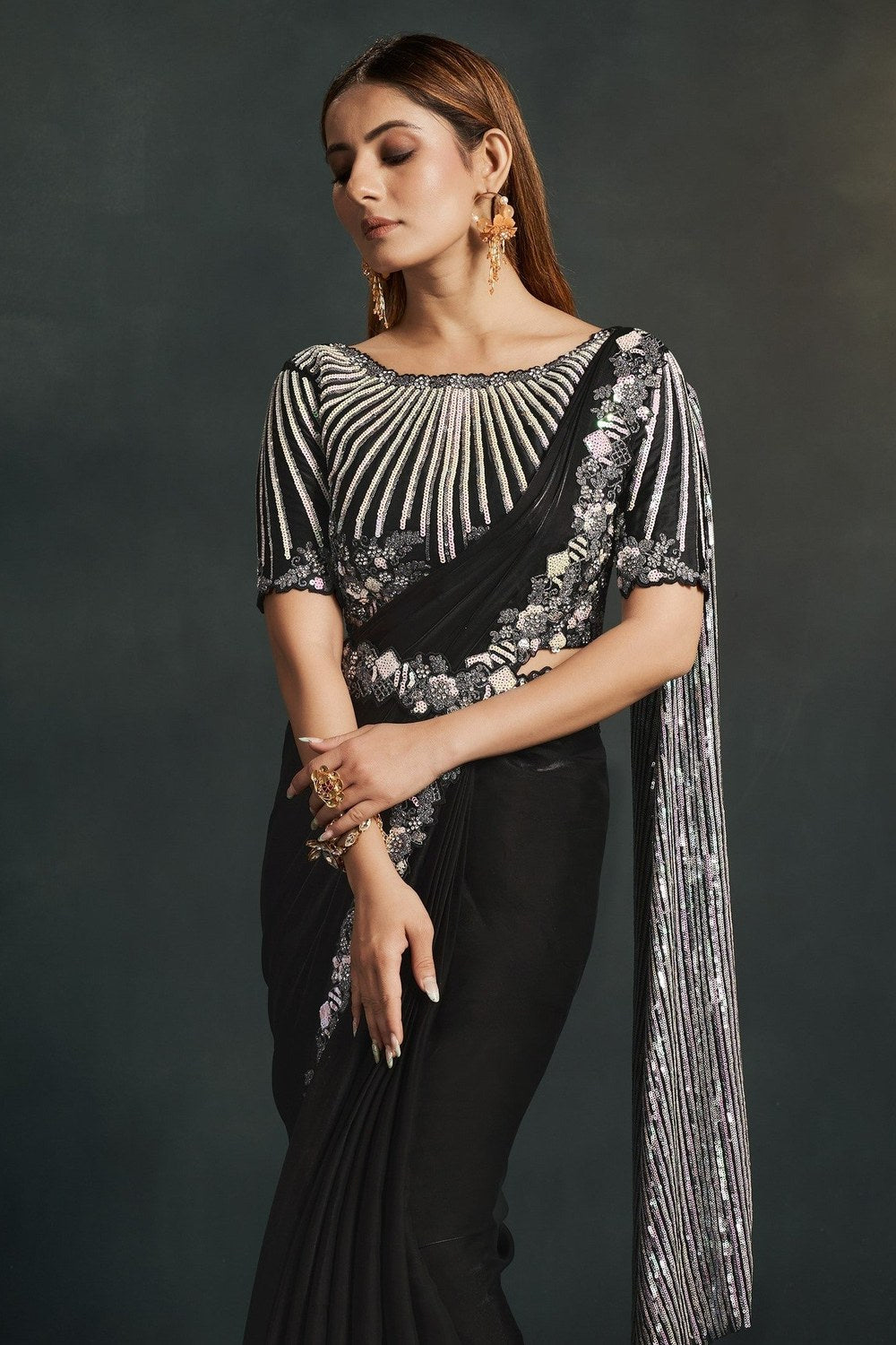 Black Crepe Satin Silk Partywear Saree With Stitched Blouse For Indian & Pakistani Wedding Festival - Sequence Embroidery Work, Thread Embroidery Work, Stone Work - close-up view