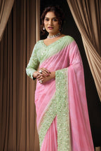 Pink Satin Sequins & Pearl Handwork Saree for Wedding Guest - close-up view
