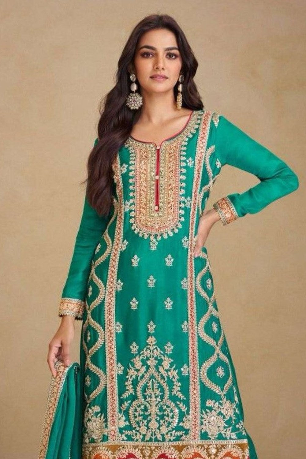 Turquoise Mehndi Dress Pakistani Plazo Suit for Women with Embroidery - close-up view