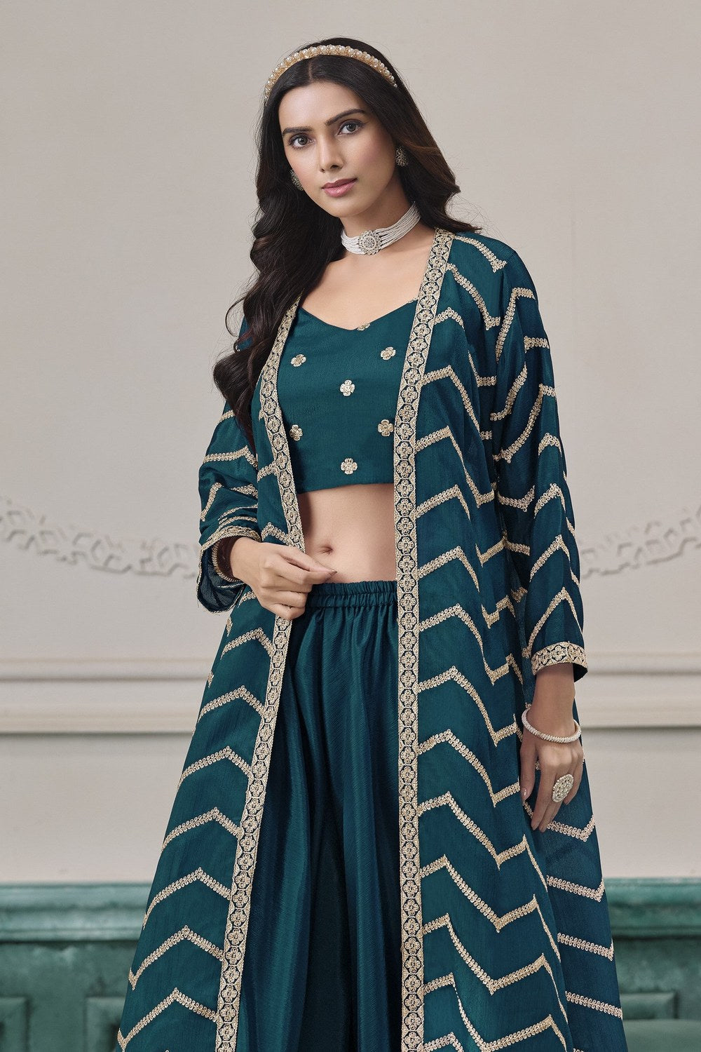 Teal Chinon Silk Thread Work Crop Top with Jacket and Palazzo - close-up view