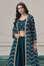 Teal Chinon Silk Thread Work Crop Top with Jacket and Palazzo - close-up view
