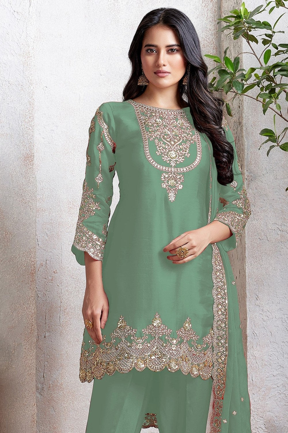 Sage Green Georgette Kameez With Dhoti Suit For Indian & Pakistani Wedding Festival - Thread & Sequence Embroidery - close-up view