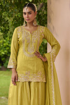 Yellow Chinon Silk Plazo Suit For Indian & Pakistani Wedding Festival - Dori Work, Sequence Embroidery Work - close-up view