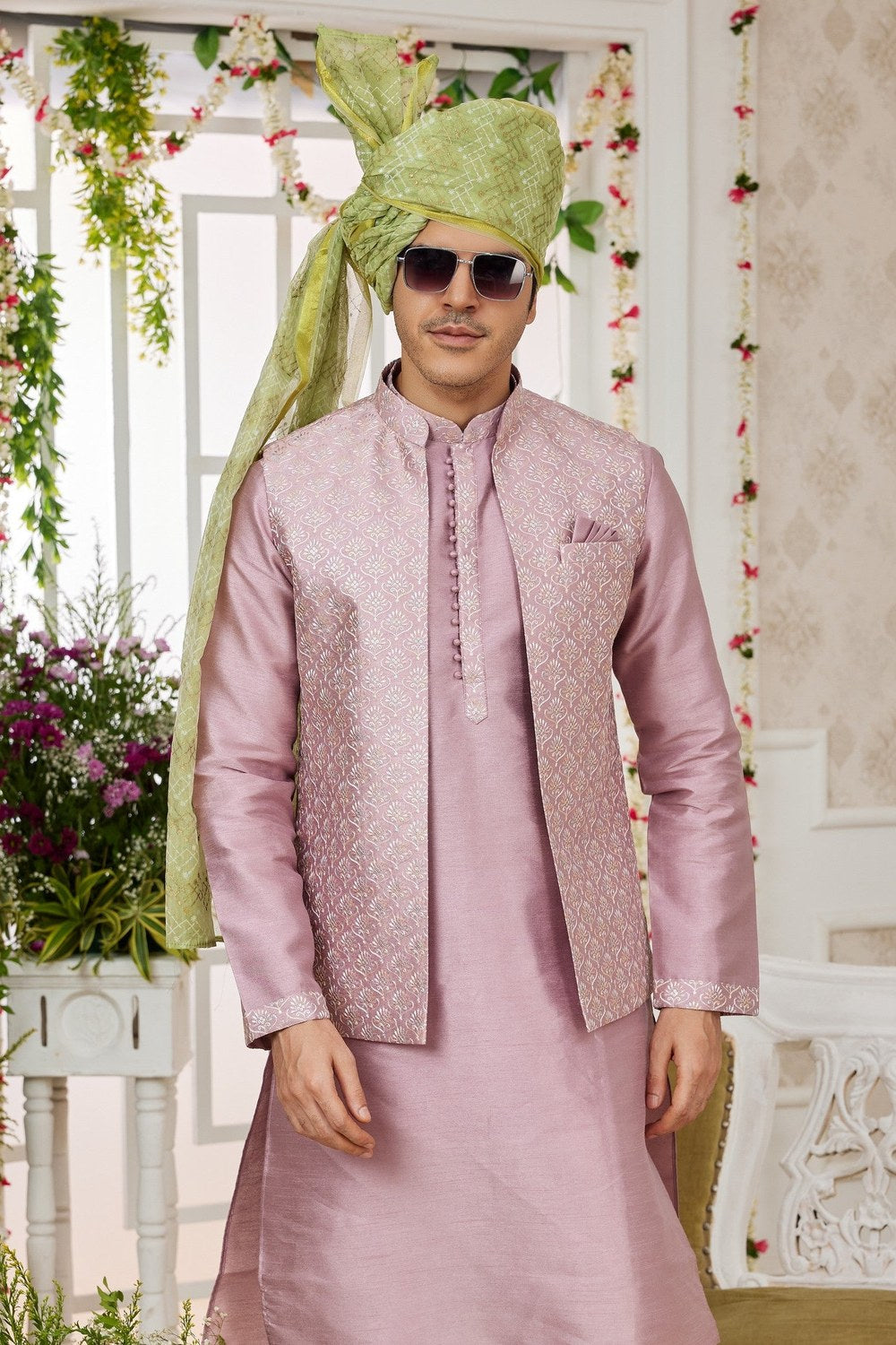 Pale Pink Art Silk Kurta Pajama with Waistcoat Jacket for Men for Wedding - Embroidery Work - close-up view
