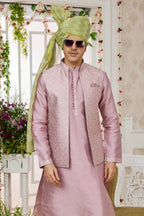 Pale Pink Art Silk Kurta Pajama with Waistcoat Jacket for Men for Wedding - Embroidery Work - close-up view