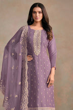 Purple Organza Silk Kameez With Pant For Indian & Pakistani Wedding Festival - Embroidery Work - close-up view