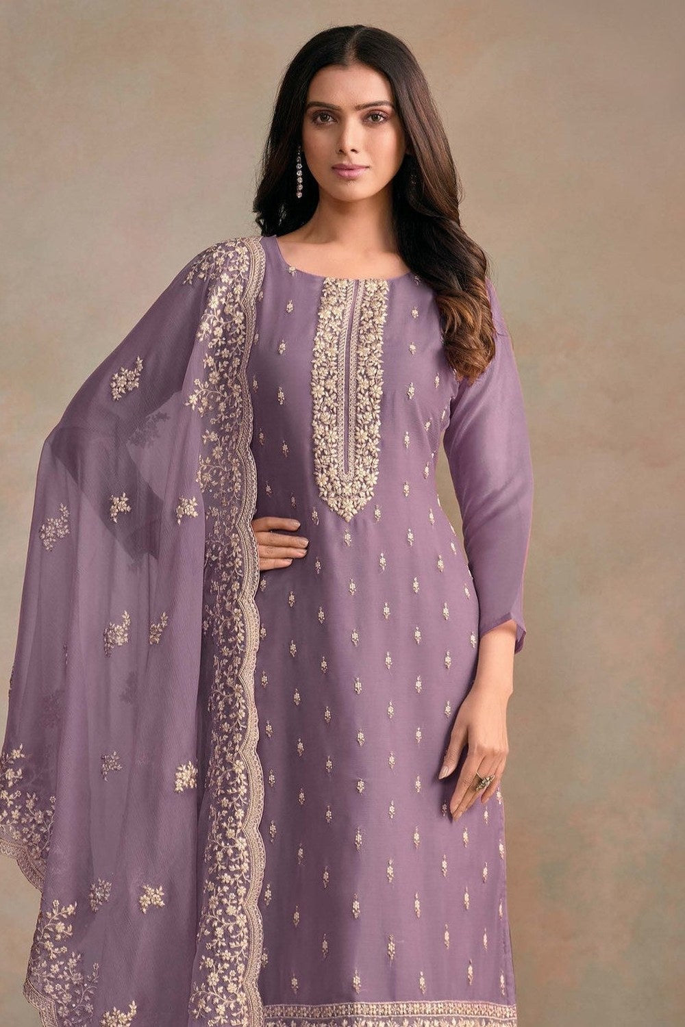 Purple Organza Silk Kameez With Pant For Indian & Pakistani Wedding Festival - Embroidery Work - close-up view