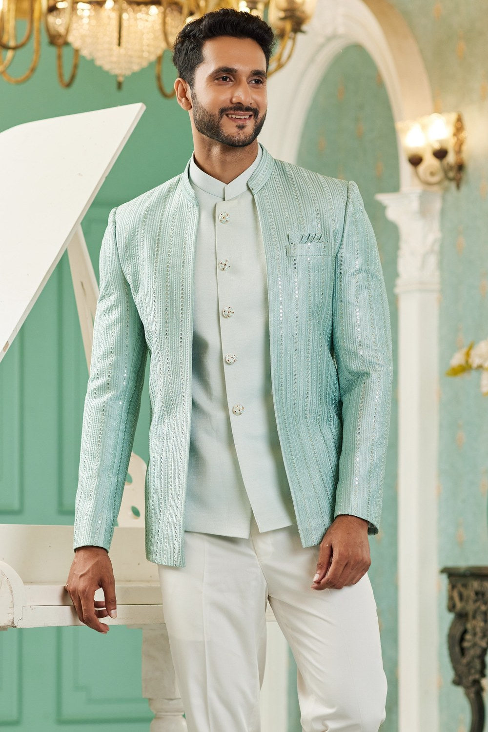 Light Blue Art Silk Traditional Jodhpuri Suits with Jacket & Pant for Men for Wedding - Thread Embroidery Work - close-up view