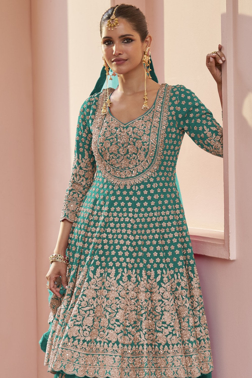 Rama Green Pakistani Dress Georgette Kameez Skirt Dori Stone Work - close-up view