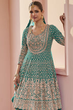 Rama Green Pakistani Dress Georgette Kameez Skirt Dori Stone Work - close-up view