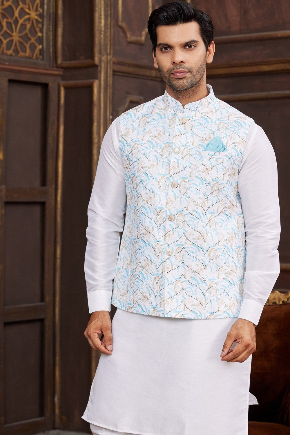 White Art Silk Kurta Pajama with Waistcoat Jacket for Men for Festival & Wedding - Print Work - close-up view