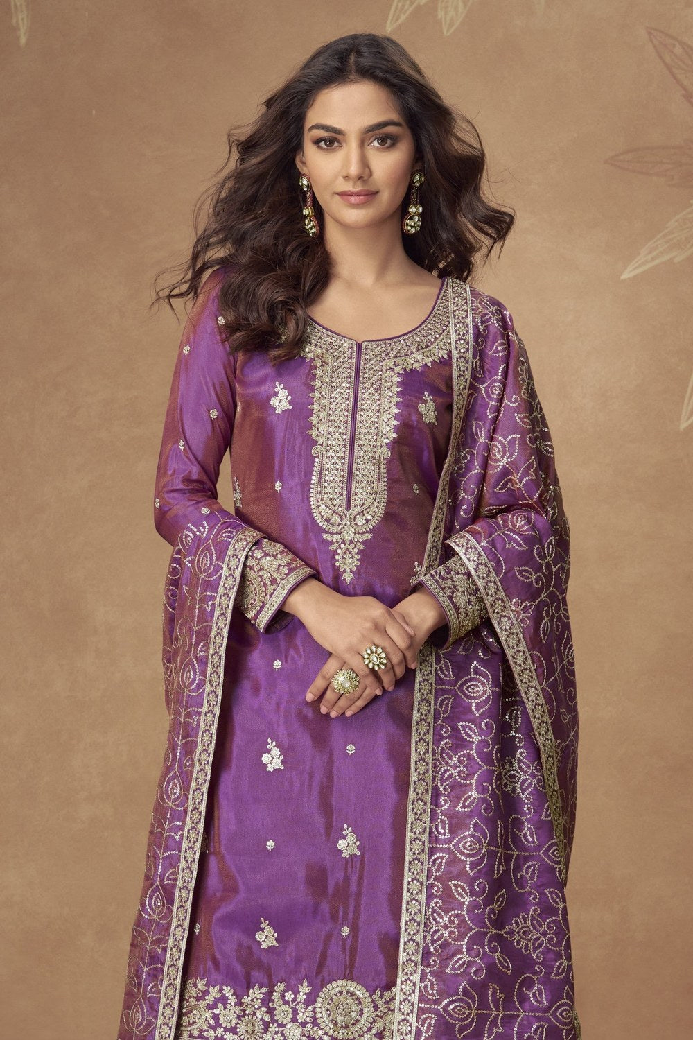 Purple Simmer Silk Kameez With Palazzo Suit For Indian & Pakistani Wedding Festival - Thread & Sequence Embroidery - close-up view
