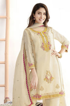 Cream Suit Womens - Kameez Pant in Chinon Silk with Mirror & Embroidery Work - close-up view