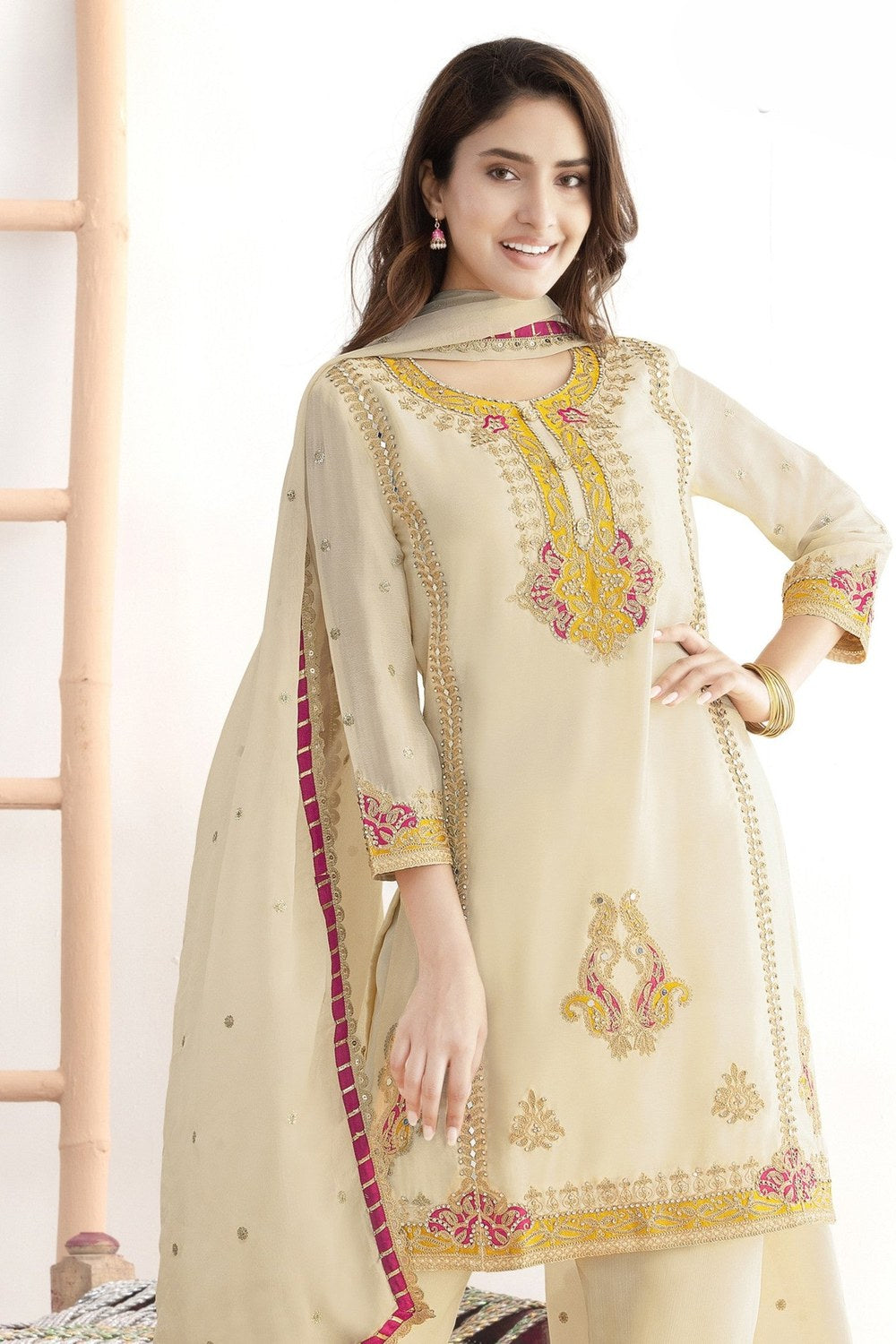 Cream Suit Womens - Kameez Pant in Chinon Silk with Mirror & Embroidery Work - close-up view