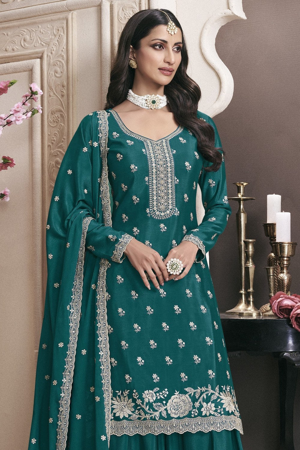 Teal Chinon Silk Sharara Kameez Suit Gharara Suits for Wedding Haldi Function - Embroidery Work - close-up view