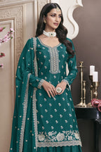 Teal Chinon Silk Sharara Kameez Suit Gharara Suits for Wedding Haldi Function - Embroidery Work - close-up view