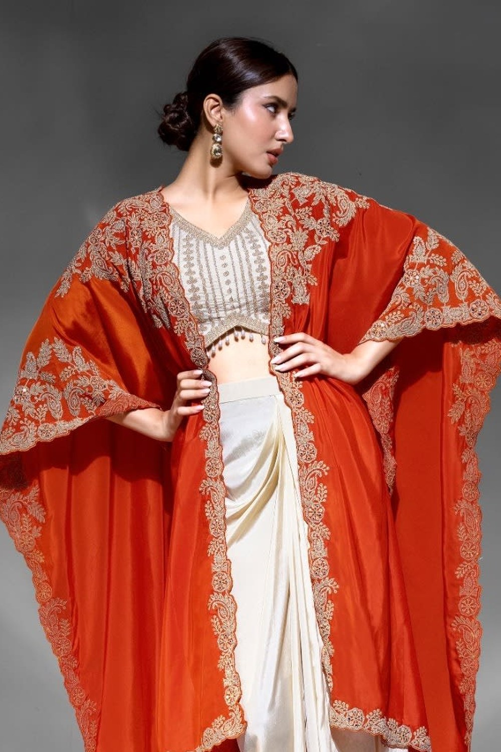 Orange Crepe Blouse With Skirt & Shrug For Indian & Pakistani Wedding Festival - Dori Work, Embroidery Work - close-up view