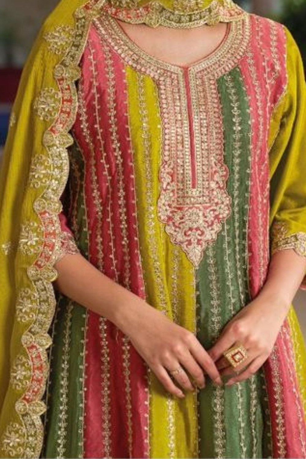 Multicolor Chinon Silk Plazo For Indian Festivals & Weddings - Embroidery Work - hem and footwear detail