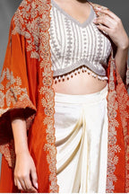 Orange Crepe Blouse With Skirt & Shrug For Indian & Pakistani Wedding Festival - Dori Work, Embroidery Work - hem and footwear detail