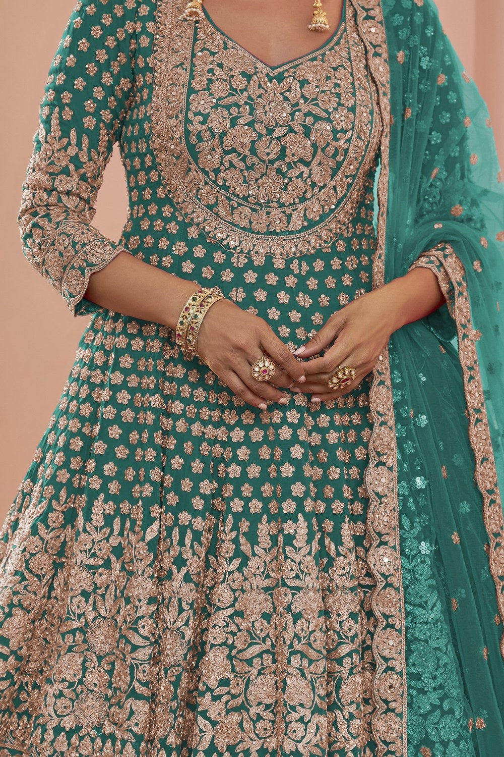 Rama Green Pakistani Dress Georgette Kameez Skirt Dori Stone Work - hem and footwear detail