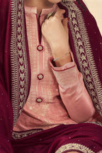 Peach Jacquard Silk Kameez With Pant For Indian Suit Festivals & Pakistani Weddings Dress - Embroidery Work - hem and footwear detail