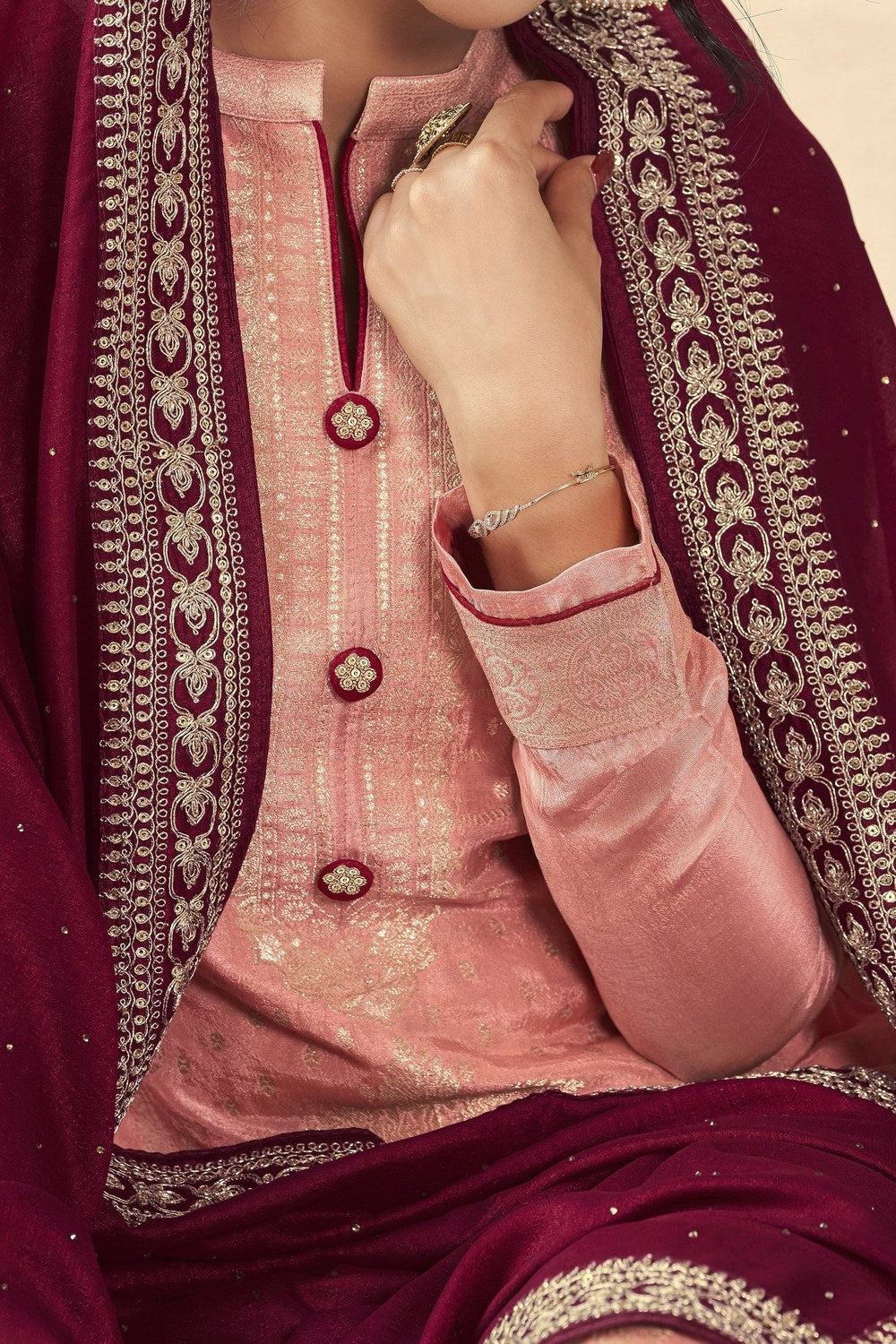 Peach Jacquard Silk Kameez With Pant For Indian Suit Festivals & Pakistani Weddings Dress - Embroidery Work - hem and footwear detail