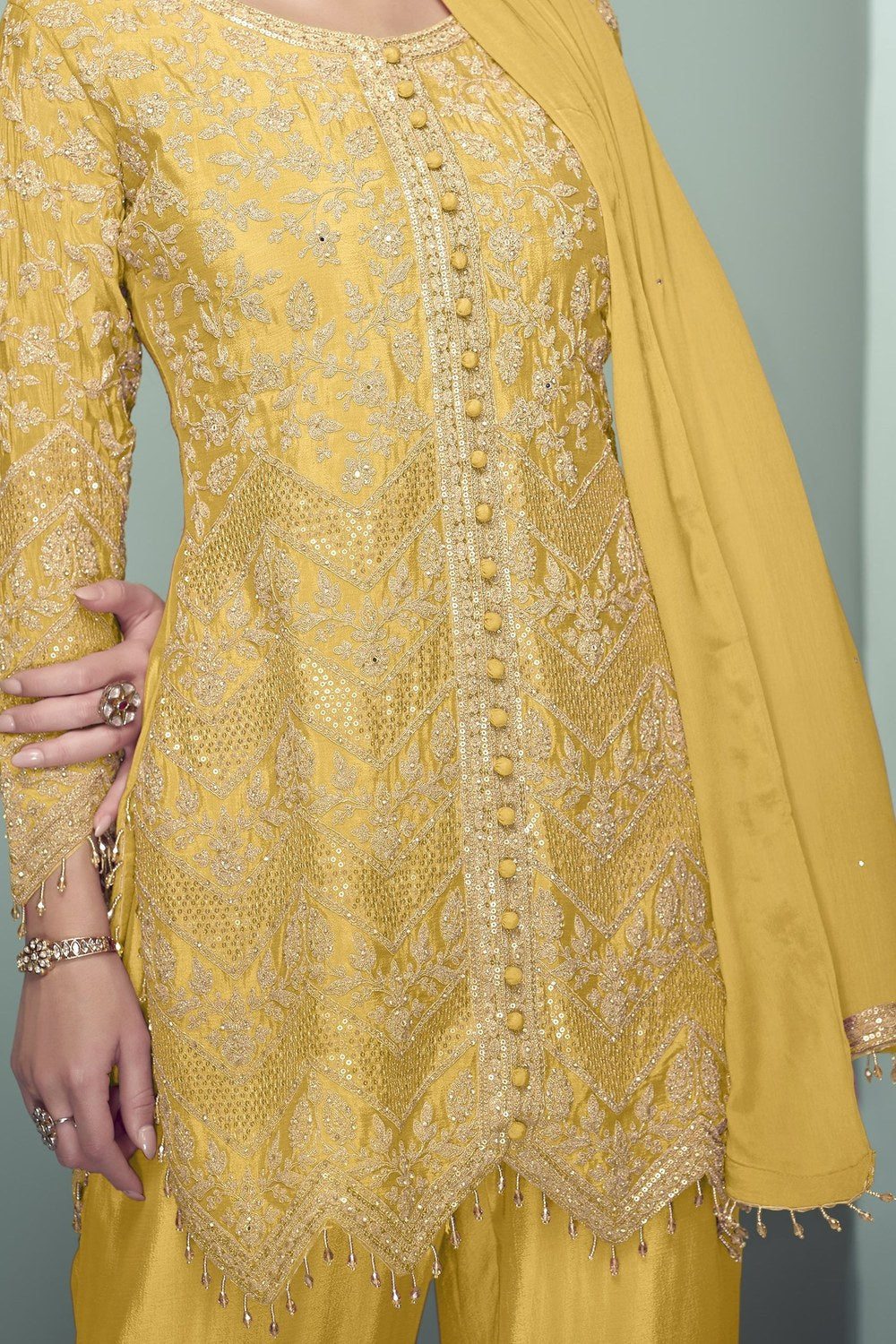 Yellow Chinon Silk Kameez With Pant For Indian & Pakistani Wedding Festival - Thread Embroidery Work, Sequence Embroidery Work - hem and footwear detail