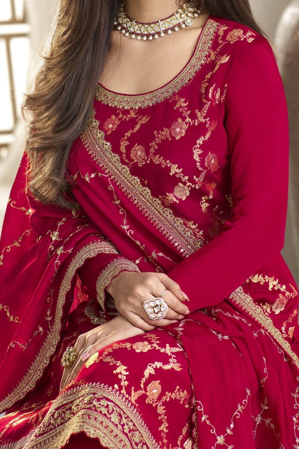 Red Jacquard Silk Palazzo Suit For Indian Festivals & Pakistani Plazo Weddings Dress - Embroidery Work - hem and footwear detail