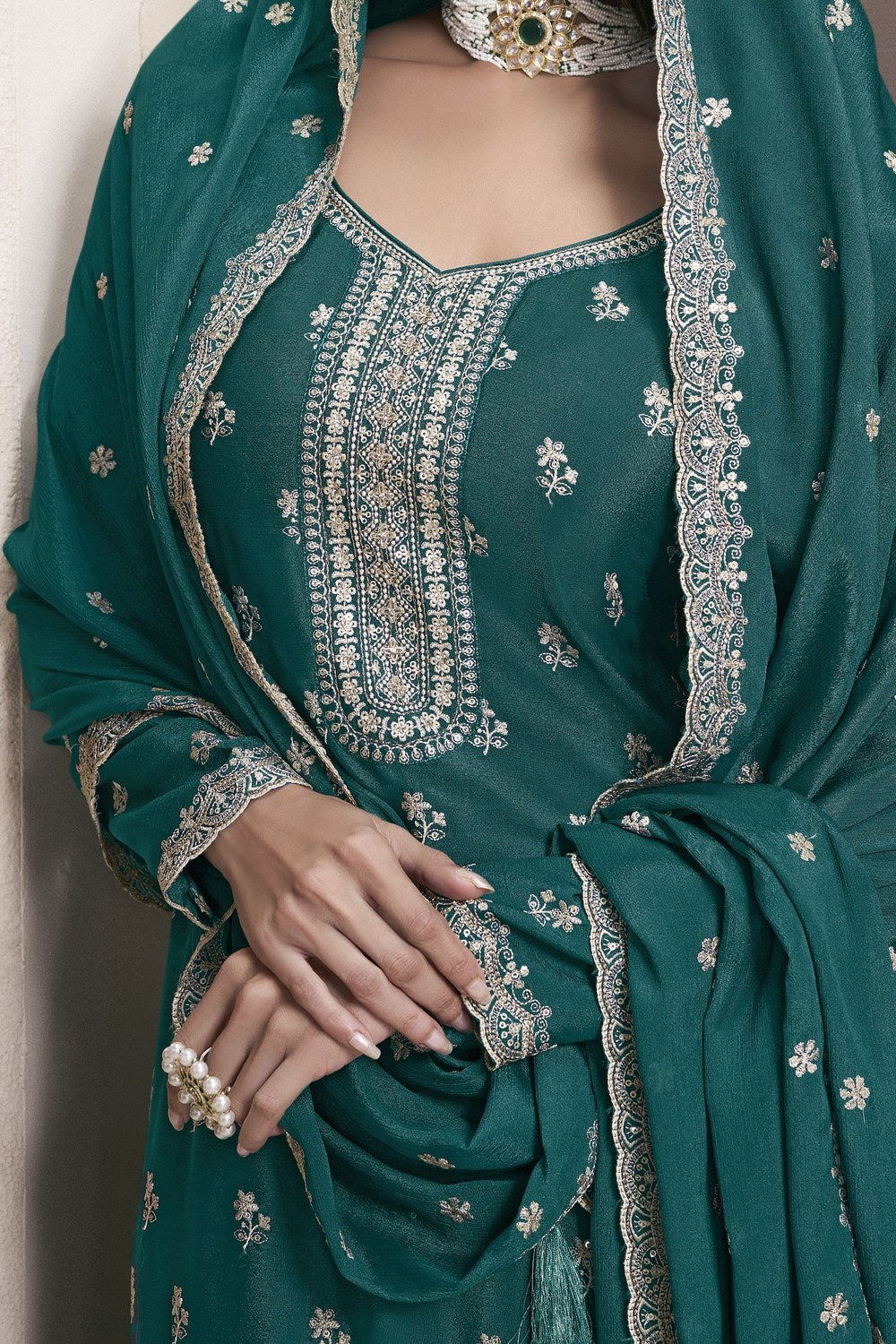 Teal Chinon Silk Sharara Kameez Suit Gharara Suits for Wedding Haldi Function - Embroidery Work - hem and footwear detail