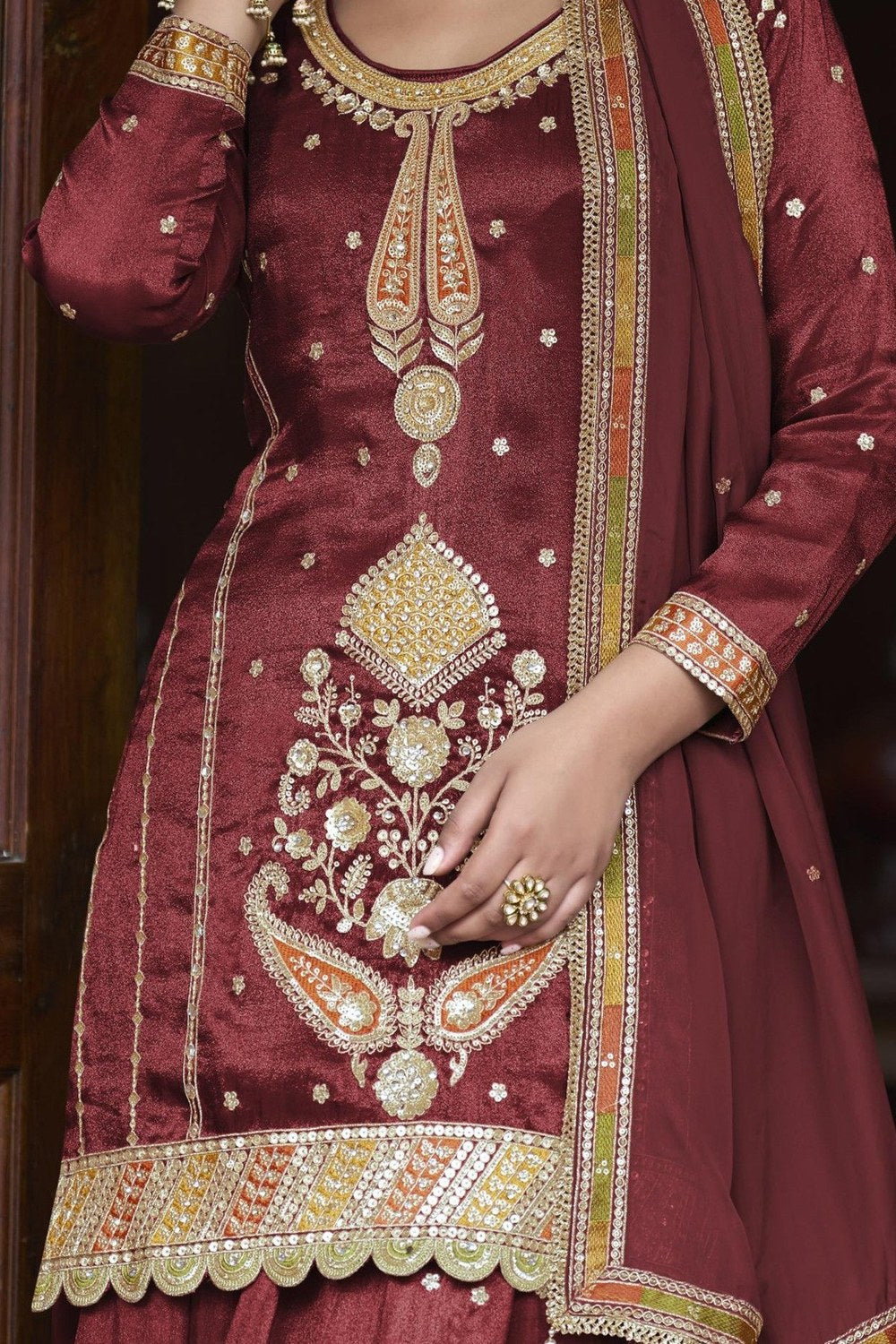 Maroon Simmer Silk Kameez with Skirt Suit For Indian & Pakistani Wedding Festival - Thread & Sequins Embroidery Work - hem and footwear detail