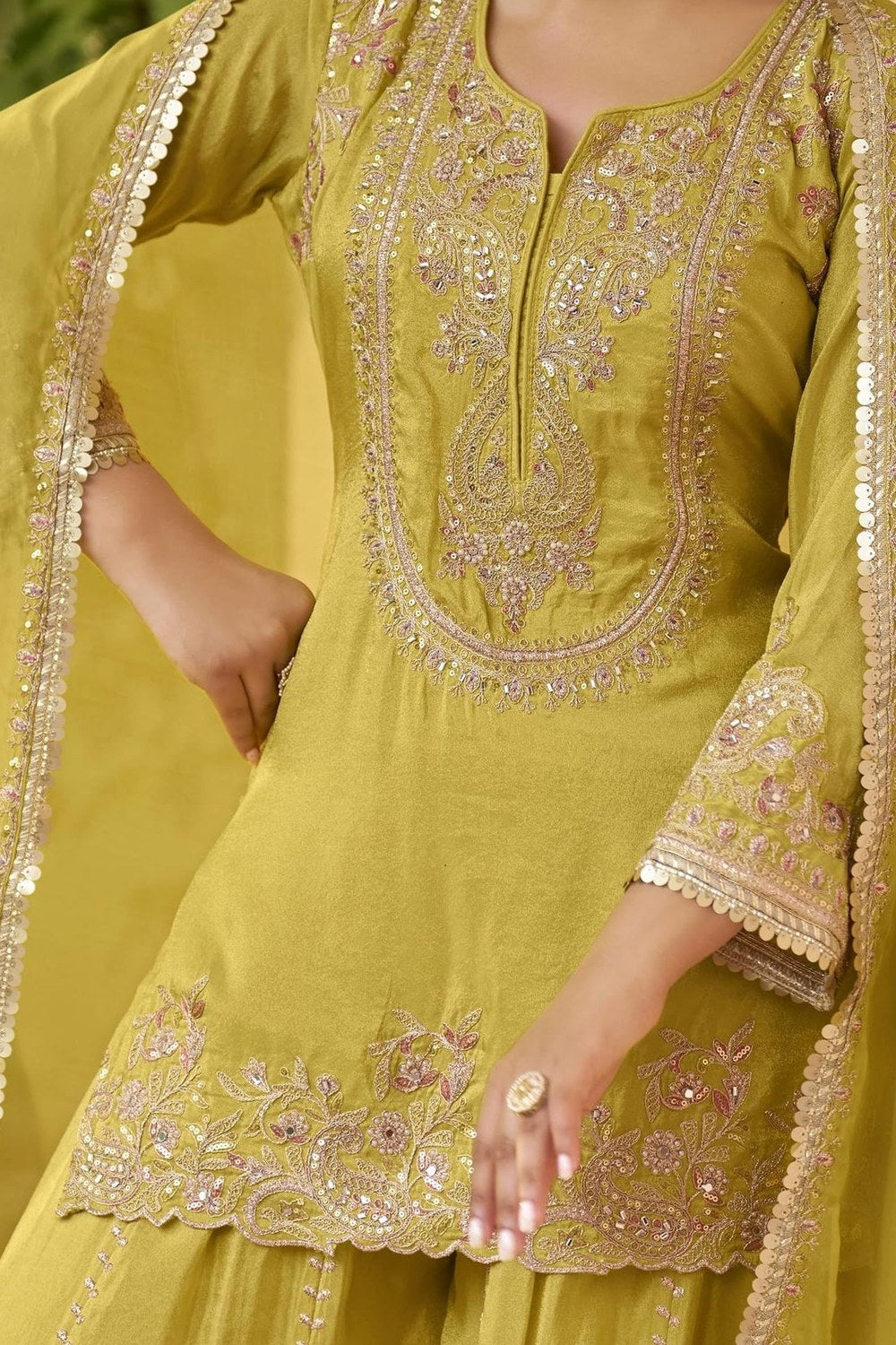 Yellow Chinon Silk Plazo Suit For Indian & Pakistani Wedding Festival - Dori Work, Sequence Embroidery Work - hem and footwear detail