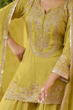 Yellow Chinon Silk Plazo Suit For Indian & Pakistani Wedding Festival - Dori Work, Sequence Embroidery Work - hem and footwear detail