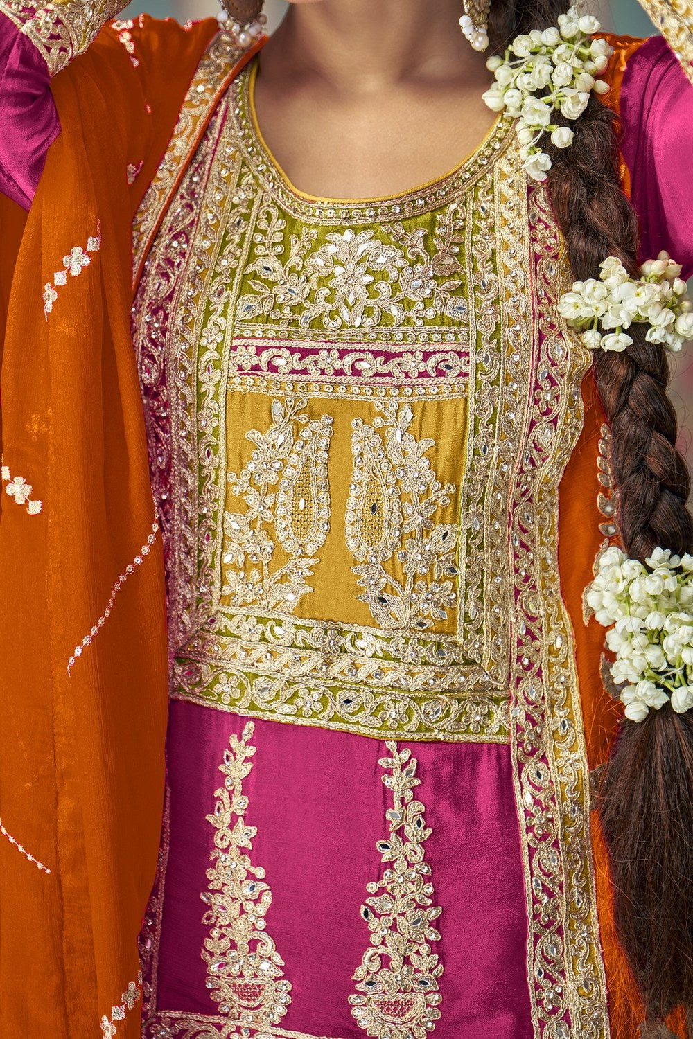 Pink Chinon Silk Plazo Suit Kameez Suit for Pakistani & Indian Festival  - Embroidery Work, Mirror Work - hem and footwear detail