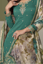 Teal Simmer Silk Indian Palazzo Suits with Sequins & Thread Work - hem and footwear detail