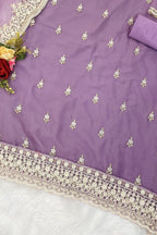 Purple Organza Silk Kameez With Pant For Indian & Pakistani Wedding Festival - Embroidery Work - hem and footwear detail
