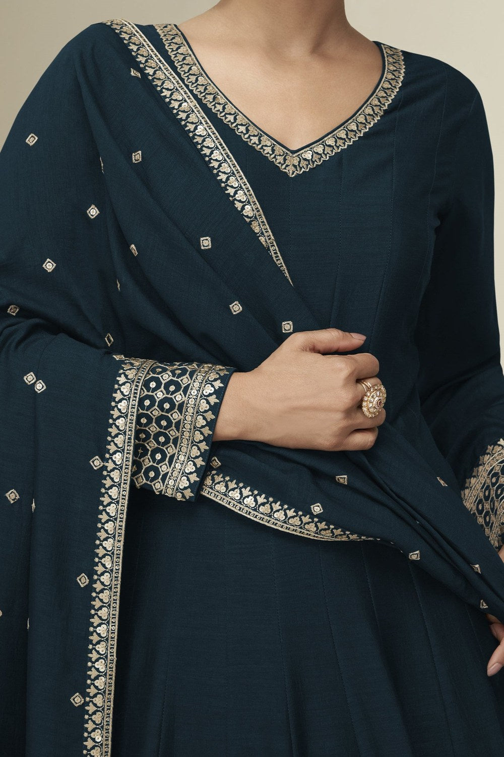 Teal Blue Premium Silk Anarkali Dress for Wedding with Embroidery Work - hem and footwear detail