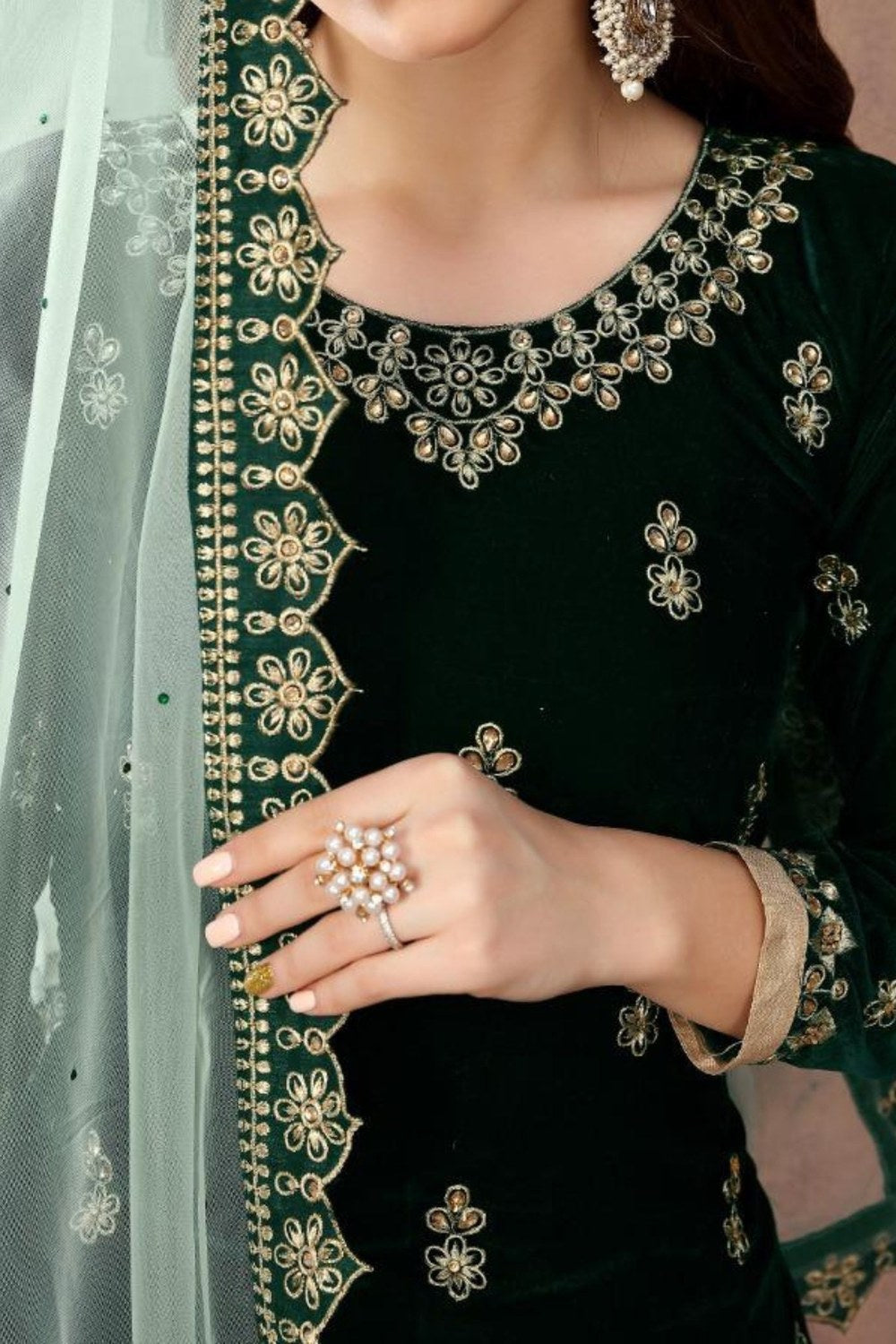Dark Green Velvet Punjabi Patiyala Suit  For Indian Festivals & Weddings - Embroidery Work - hem and footwear detail
