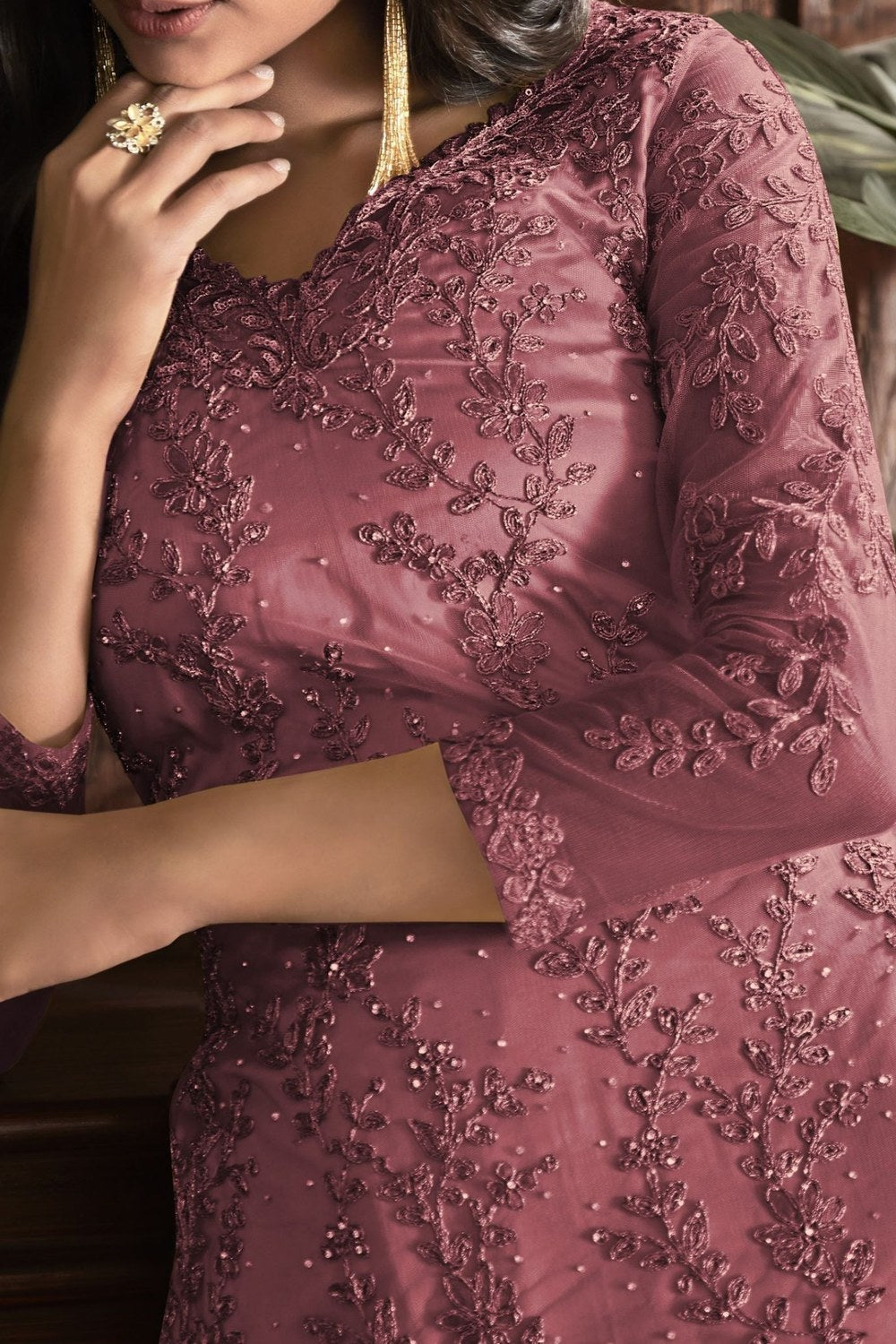 Light Pink Net Kameez With Pant For Ladies Wedding & Festival - Embroidery Work 1400 - hem and footwear detail