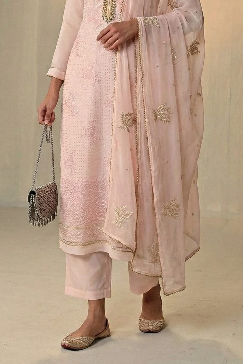 Baby Pink Georgette Kameez With Pant For Indian & Pakistani Wedding Festival - Sequins & Thread Embroidery Work, Khatli Work - hem and footwear detail