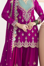 Pink Chinon Silk Plazo Suit For Indian & Pakistani Wedding Festival - Real Mirror Work, Dori Work, Sequins Embroidery Work - hem and footwear detail