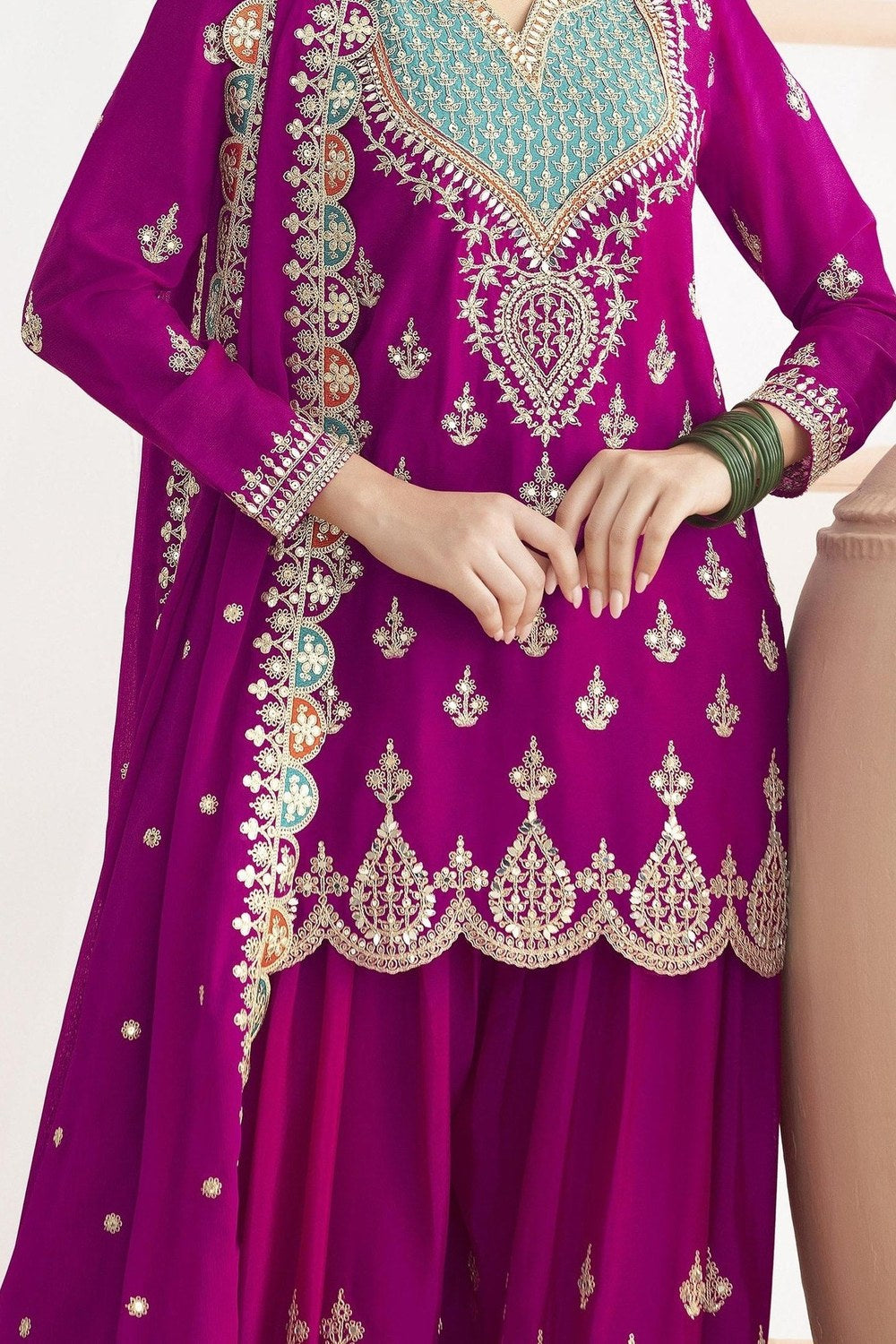Pink Chinon Silk Plazo Suit For Indian & Pakistani Wedding Festival - Real Mirror Work, Dori Work, Sequins Embroidery Work - hem and footwear detail