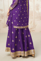 Purple Chinon Silk Indian Wedding Outfits Palazzo Suit - Sequence Embroidery Work, Embroidery Work - hem and footwear detail