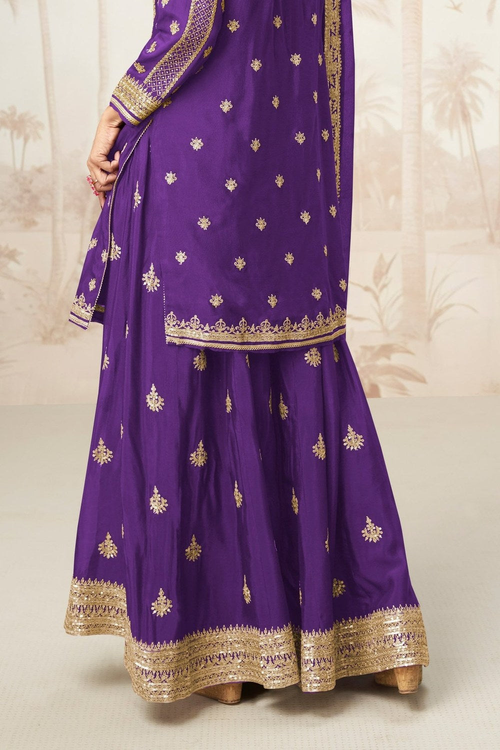 Purple Chinon Silk Indian Wedding Outfits Palazzo Suit - Sequence Embroidery Work, Embroidery Work - hem and footwear detail