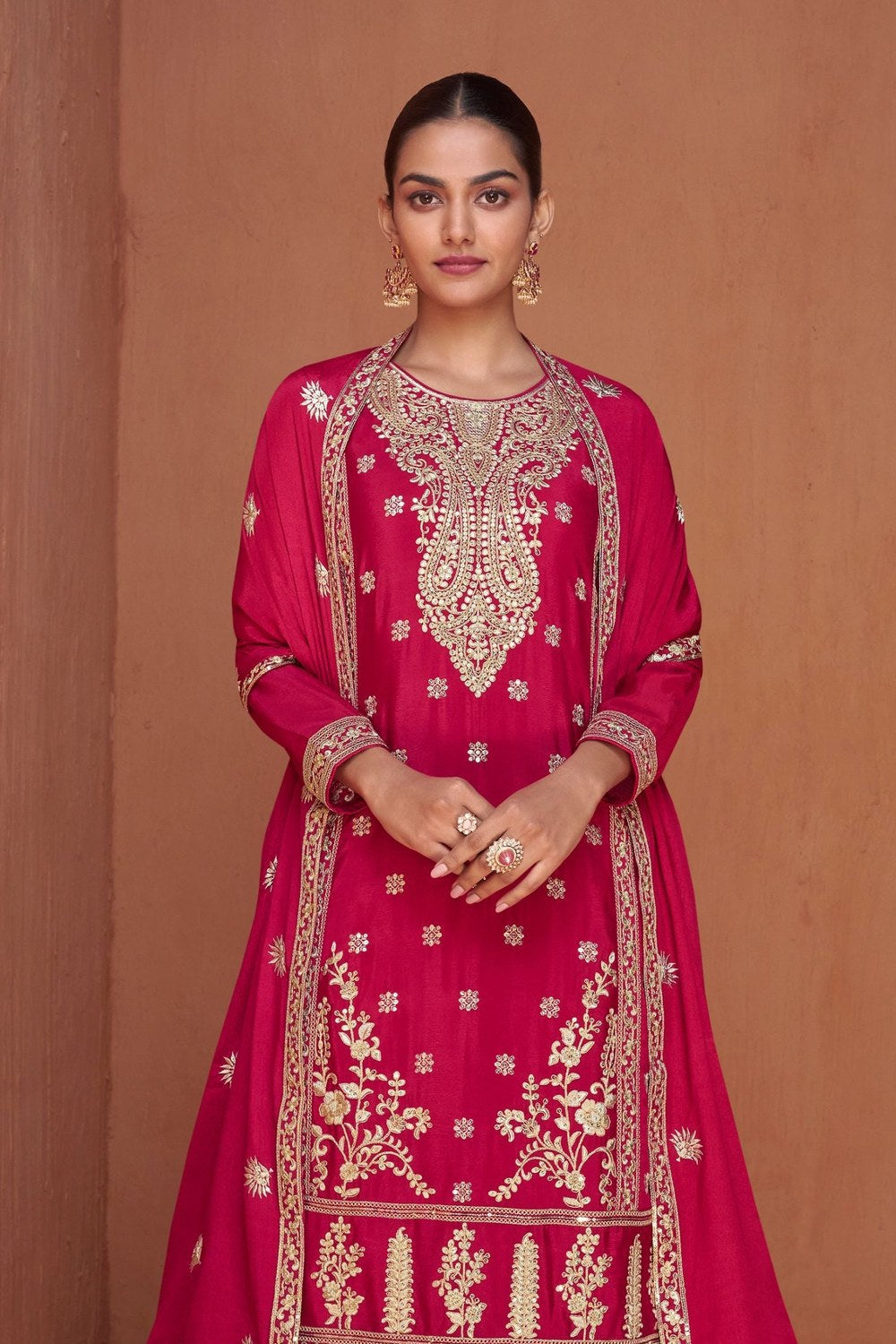 Red Chinon Silk Plazo Suits For Indian Festivals & Pakistani Weddings - Embroidery Work - close-up view