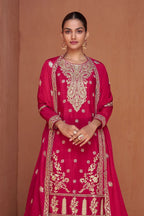 Red Chinon Silk Plazo Suits For Indian Festivals & Pakistani Weddings - Embroidery Work - close-up view